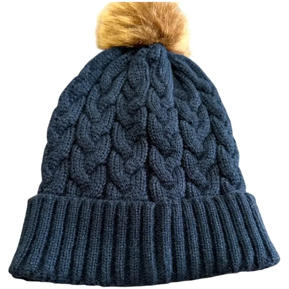 Winter Beanie Womens Cable Knit OS Navy Blue Pompom Faux Fur Hat